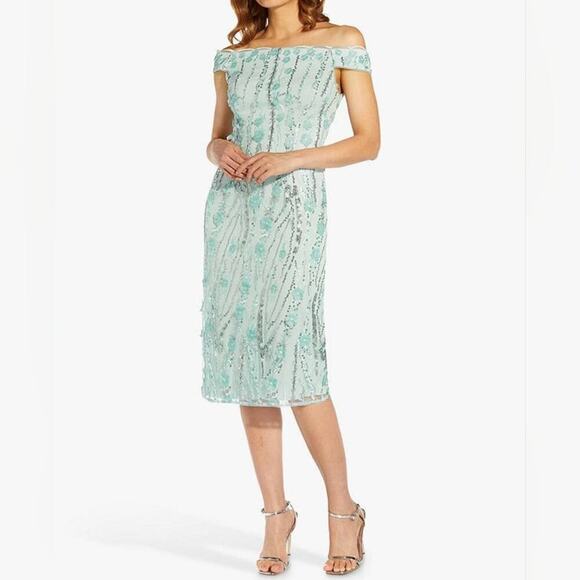 Adrianna Papell Embroidered Off Shoulder Tailored Dress, Sea Glass size 16P new - Picture 2 of 13